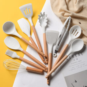 White Marbled Wooden Handle Silicone Kitchenware Set