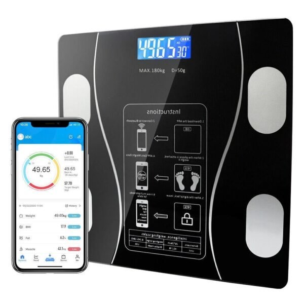 258ed464-8425-4b53-a151-726eca023fdc.jpg Bluetooth Smart Body Fat Scale – 180 kg Digital BMI Bathroom Scale