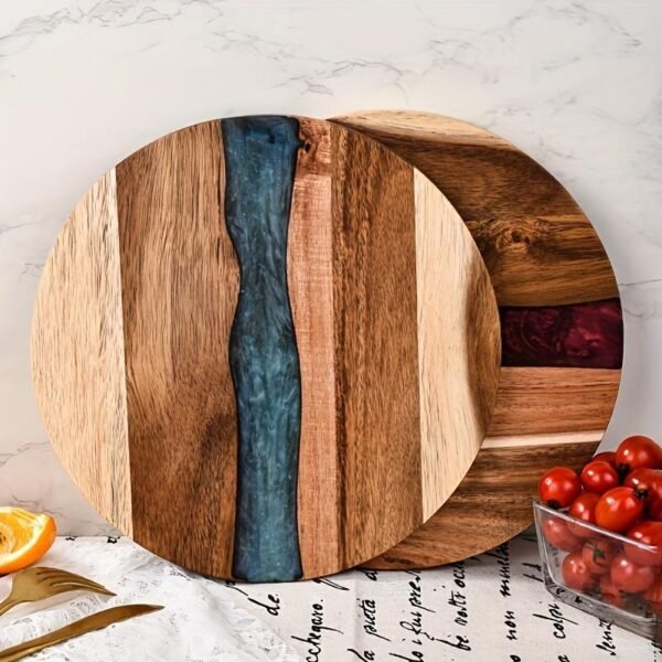 Round Wood and Resin Cutting Board – Decorative Kitchen Serving Tray
